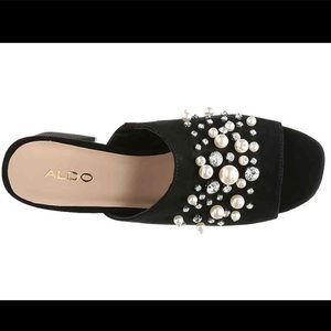 Aldo Suede Pearl Rhinestone Peep Toe Mule Heel